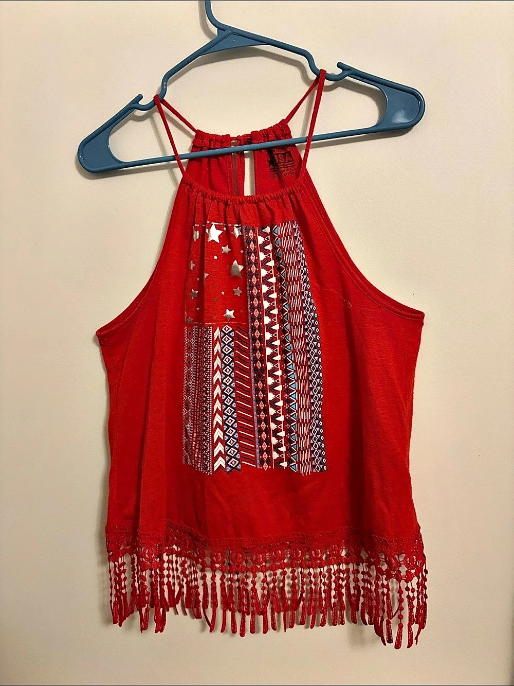 Made in the USA Red Fringe Halter Tank Top